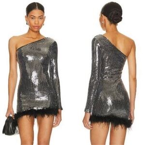 NWT Superdown Revolve Cecelia One Shoulder Sequin Feathers Mini Dress Formal